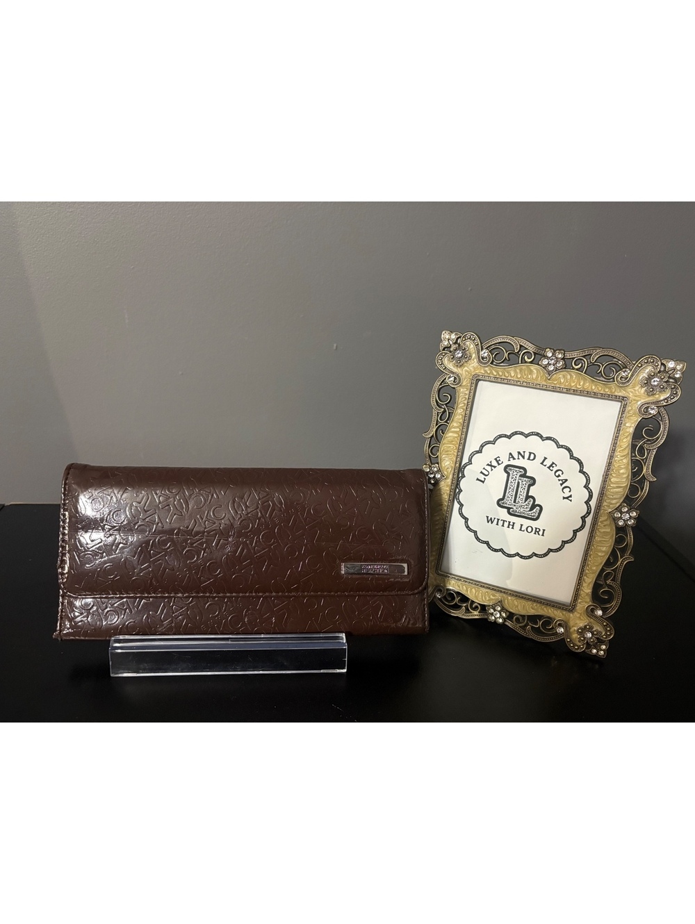 Kenneth Cole Reaction Brown Embossed KC Monogram Patent Trifold Wallet